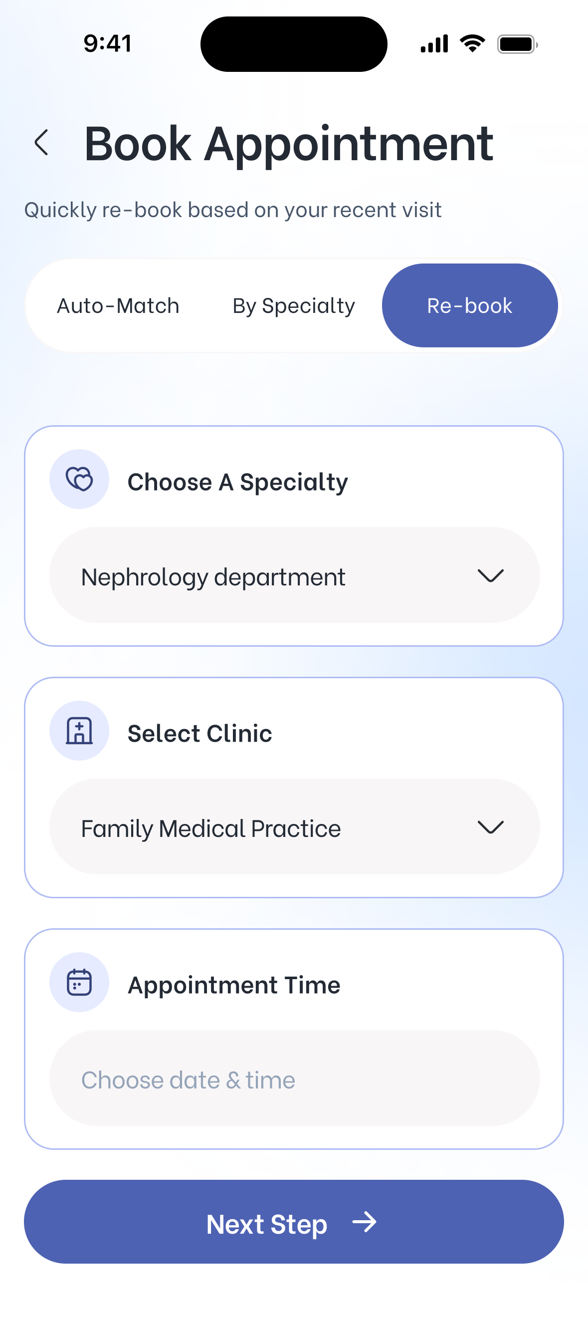 Clinix specialty selection screen