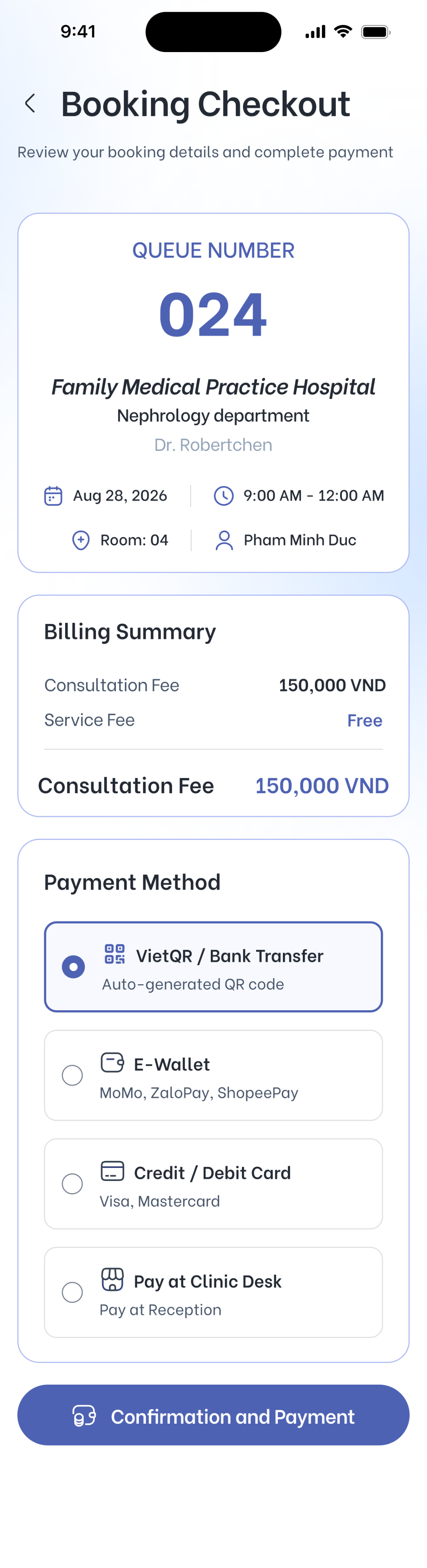 Clinix booking checkout screen