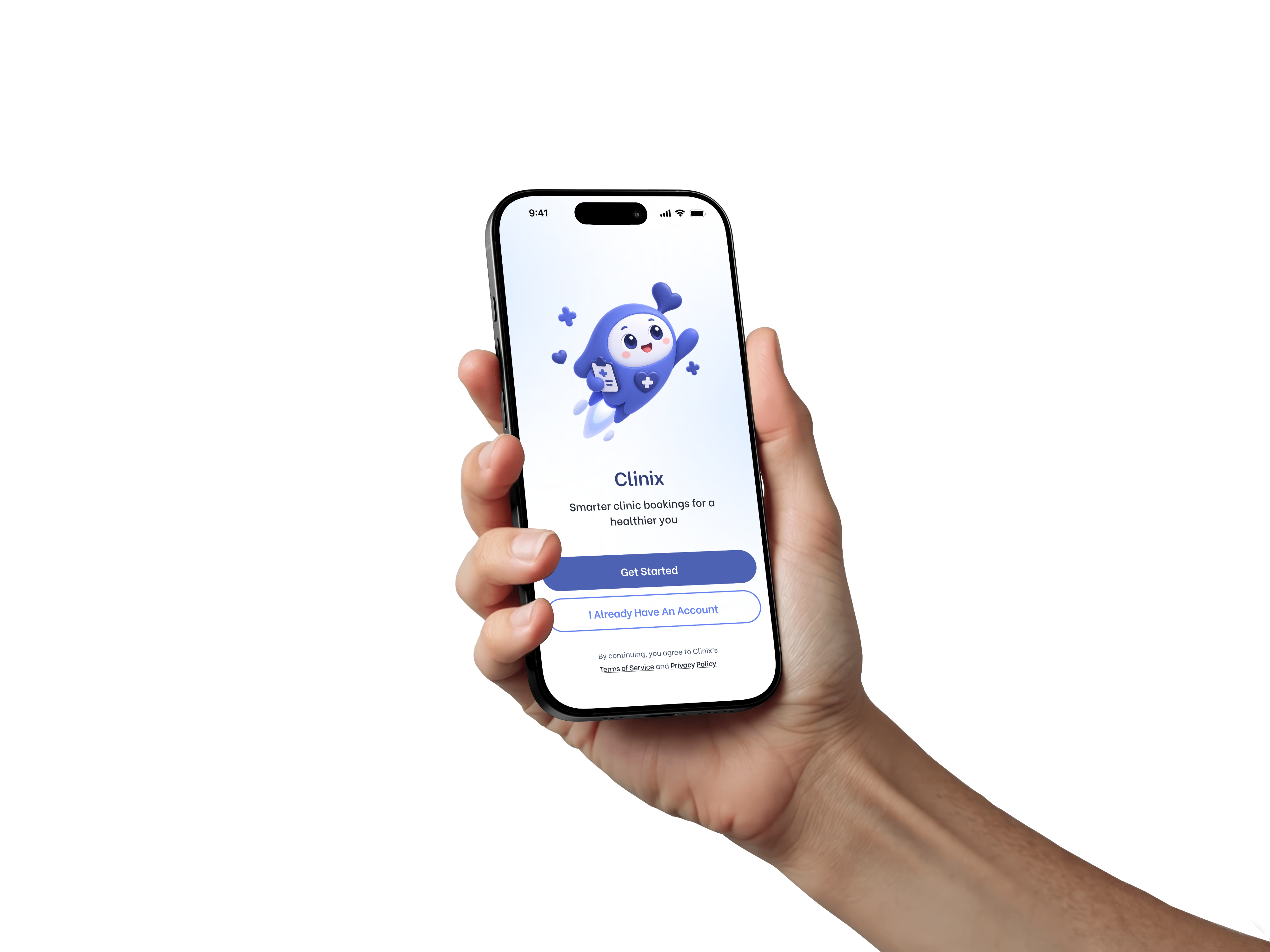 Hand holding a Clinix appointment app screen